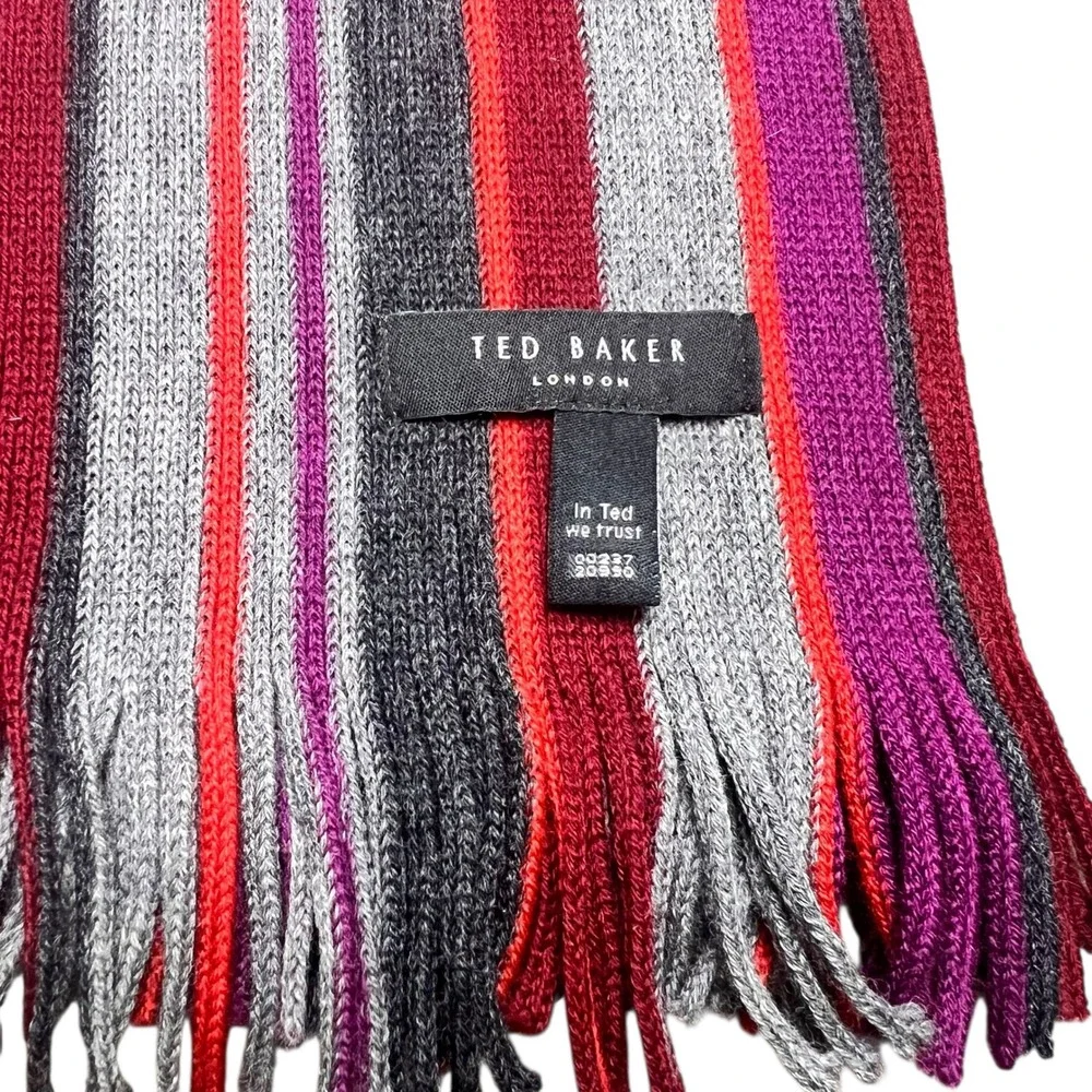 Ted‎ Baker London Mens Striped Knit Scarf Grey Burgundy Purple Orange Fringe